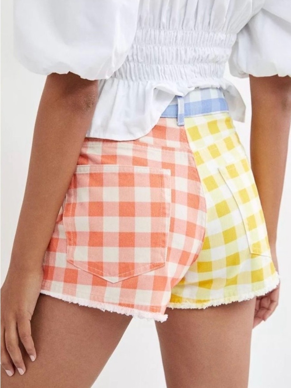 NWOT Anthropologie Farm Rio gingham color block high rise denim shorts - Small - Picture 2 of 5